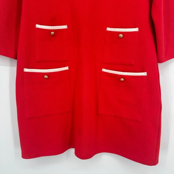 Tuckernuck Francoise Mod Mini Dress Crew Neck 3/4 Sleeve Gold Button Shift, Red - Picture 7 of 12